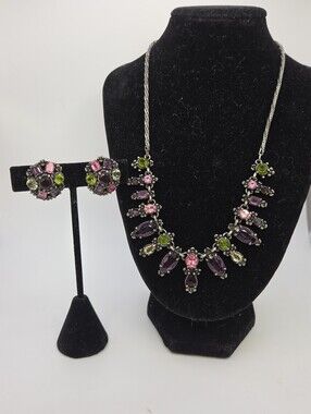 Hollycraft 1954 Statement Crystal Necklace/ Earrings Set - Pink, Purple & Green